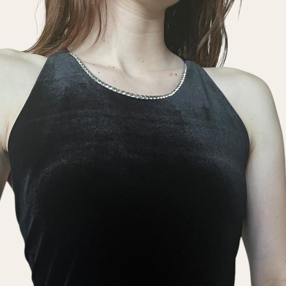 Onyx Nite 90s black velvet x-back diamante high neck formal dress vintage Medium - Picture 2 of 7